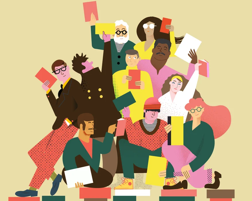 Cartoon illustration of different types of people holding books.