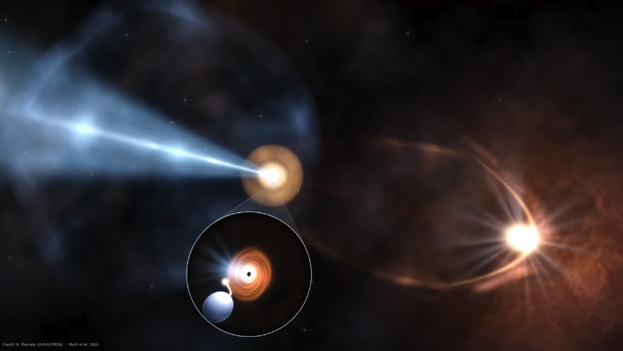 Illustration of a black hole pulling gas from a nearby star, forming a bright disk and blasting a narrow jet of plasma into space.