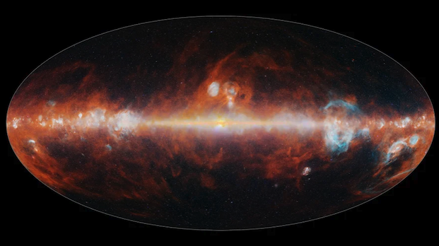 Red and orange plumes of cosmic gas viewed side-on inside a spherical outline