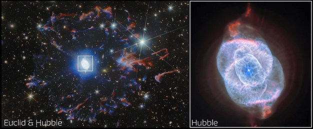 Two side-by-side images of the nebula—at left from a distance and at right in detail.