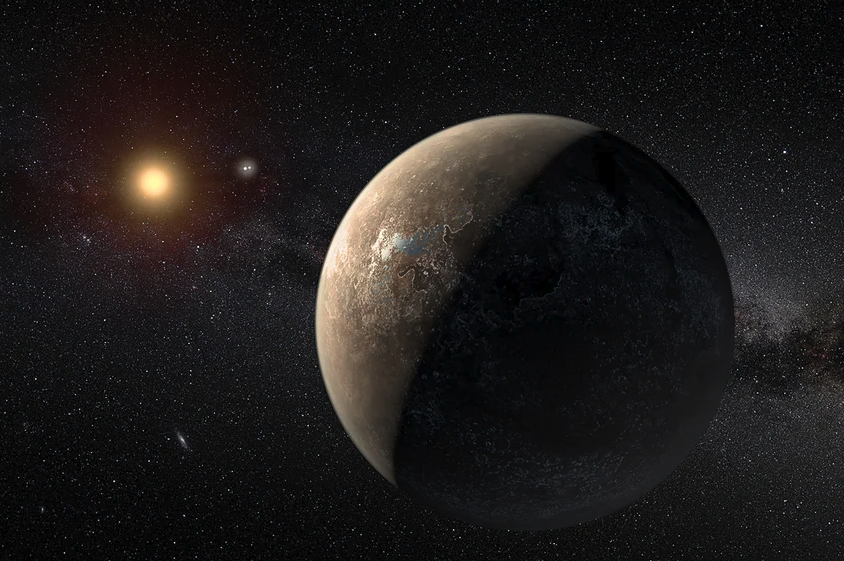A depiction of an exoplanet orbiting a star.
