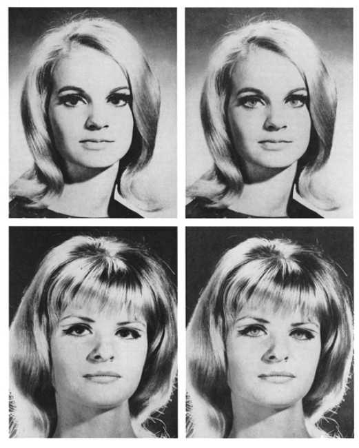 Black-and-white photographs of two women were retouched so that each woman had large pupils in one photograph and small pupils in the other.