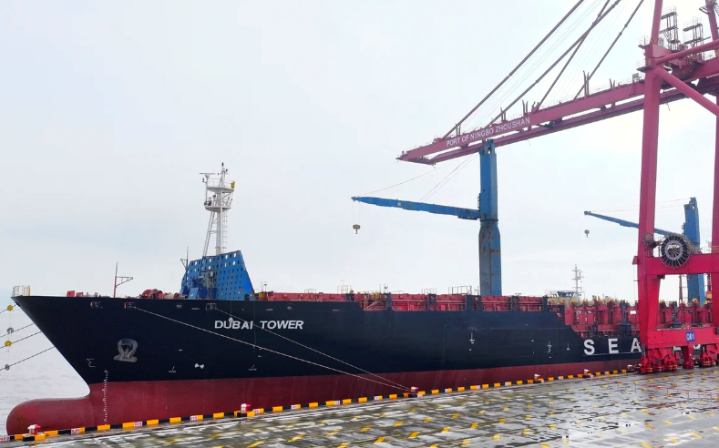 A container ship sits at port