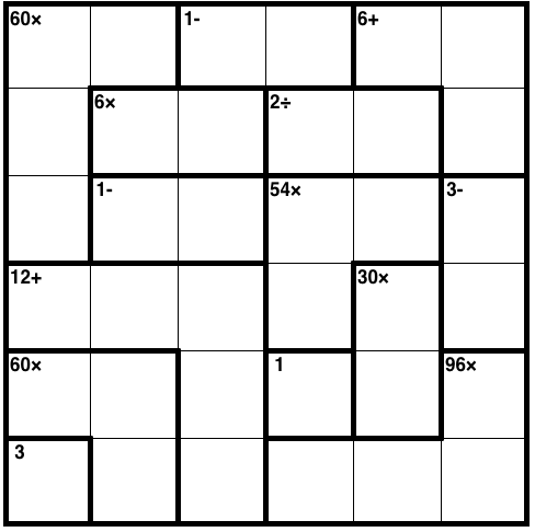 A 6 by 6 grid with subgrids of different shapes.