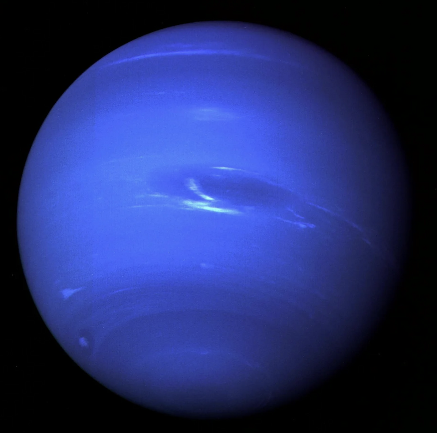 Blue planet with dark spot and bright cloud bands