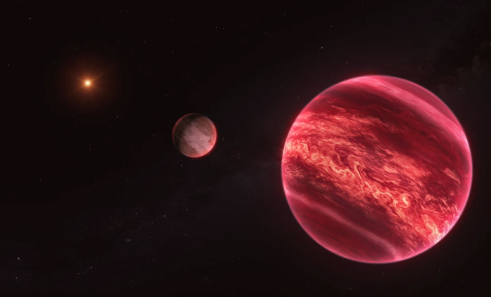 An illustration showing a large red planet-looking object with a smaller planet-looking object in the distance, and a small star beyond that.