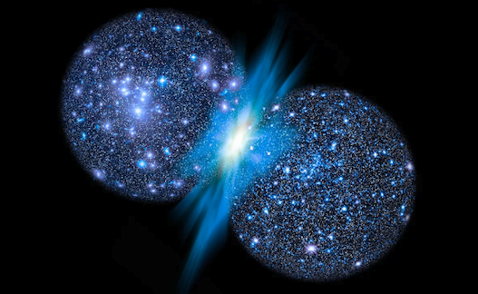 Conceptual illustration of two bubble-like star-filled universes colliding, with a brilliant flash of blue emanating from the collision point.