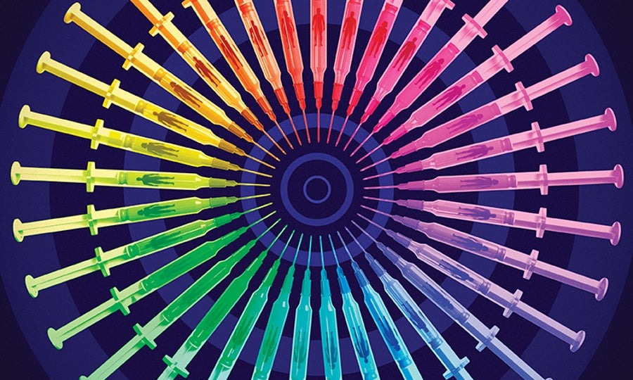 Illustration of a row of human figures (minimialist in style—just outlines, even stick figures), each in a different rainbow color, with a row of vaccines (eg needle plus vial) above the row of humans