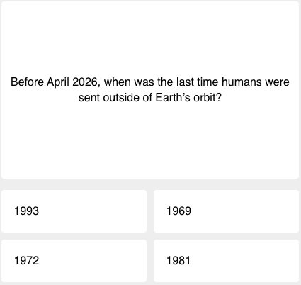 First question of today's science quiz: Before April 2026, when was the last time humans were sent outside of Earth's orbit?