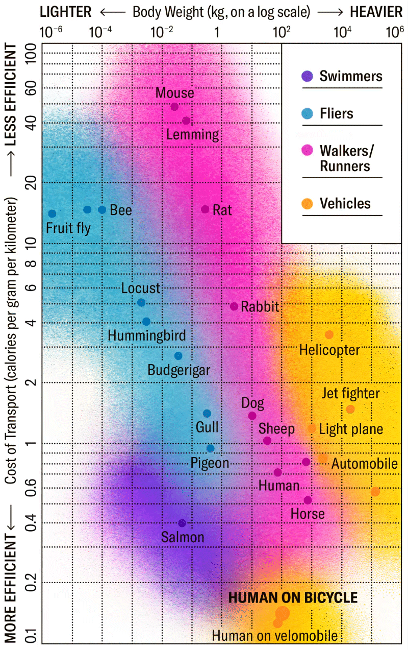 Chart shows cost of transport values plotted against body weight for four categories: swimmers, fliers, walkers/runners and vehicles. Human on a bicycle is more efficient than a human alone and is in-line with the trend formed by swimmers.