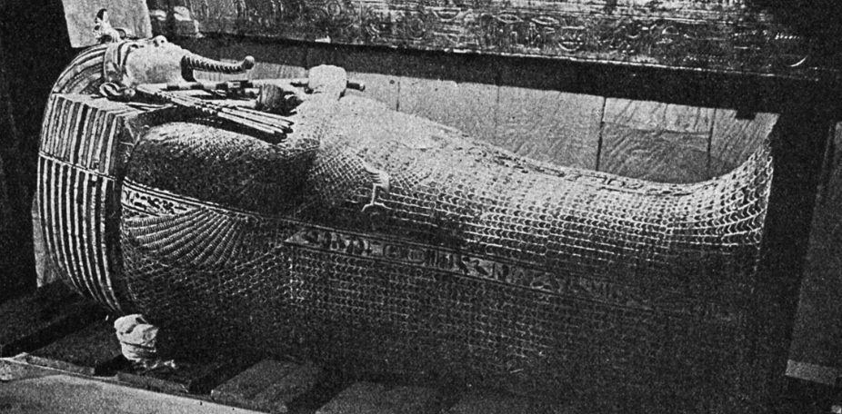 Black and white photo of an Egyptian sarcophagus