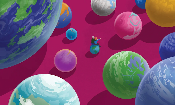 Illustration of two humans sitting on a small planet