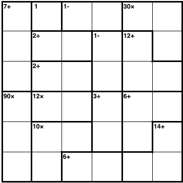 A 6 by 6 grid with subgrids of different shapes.