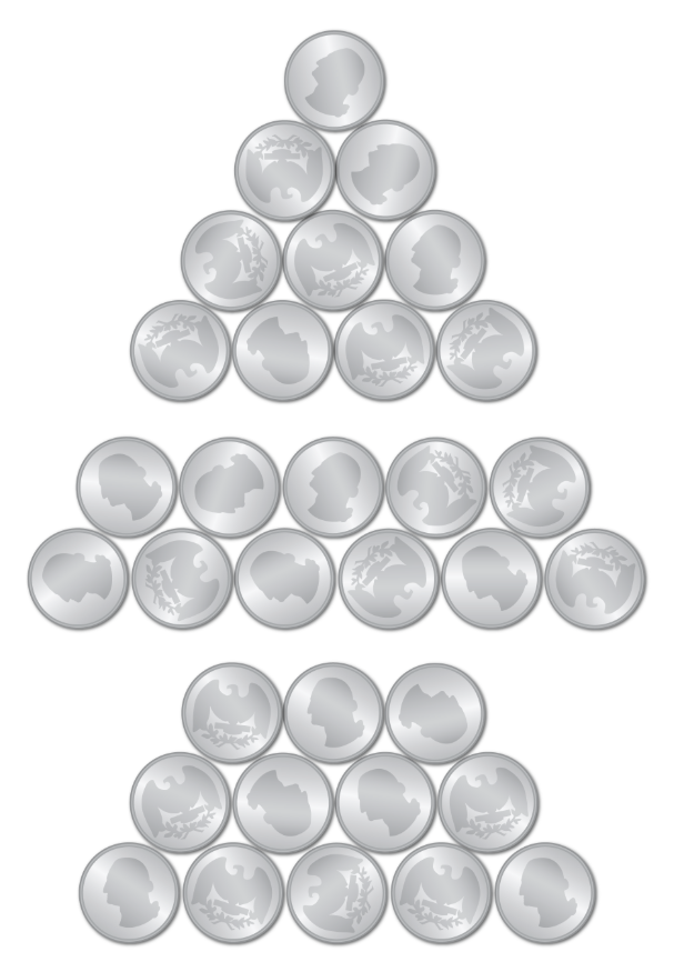 Three triangular arrangements of circular coins, each displaying different silhouettes and dragon-like symbols, stacked in puzzle-like formations.