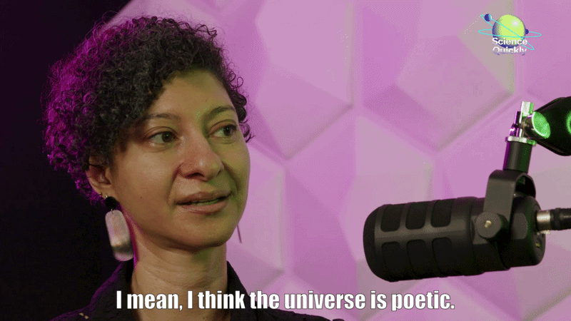 A GIF of Chanda Prescod-Weinstein talking into a microphone.