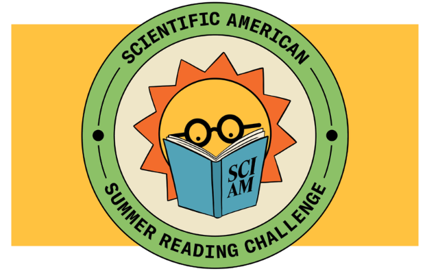 A logo for the Scientific American summer reading challenge shows a sun wearing glasses reading a book.