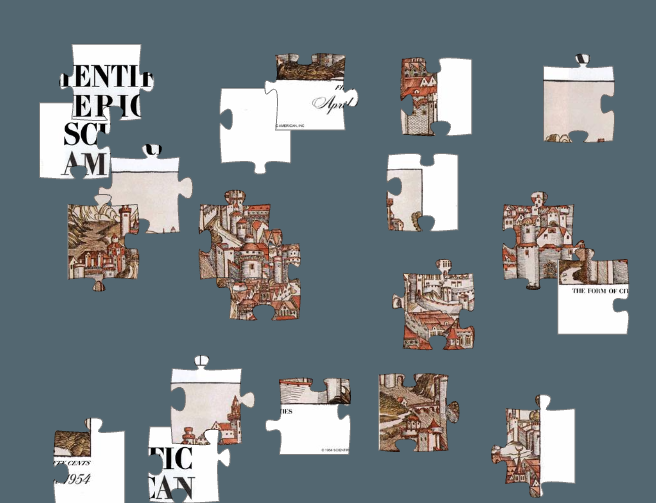 White, tan and orange colored puzzle pieces arrayed on a gray background