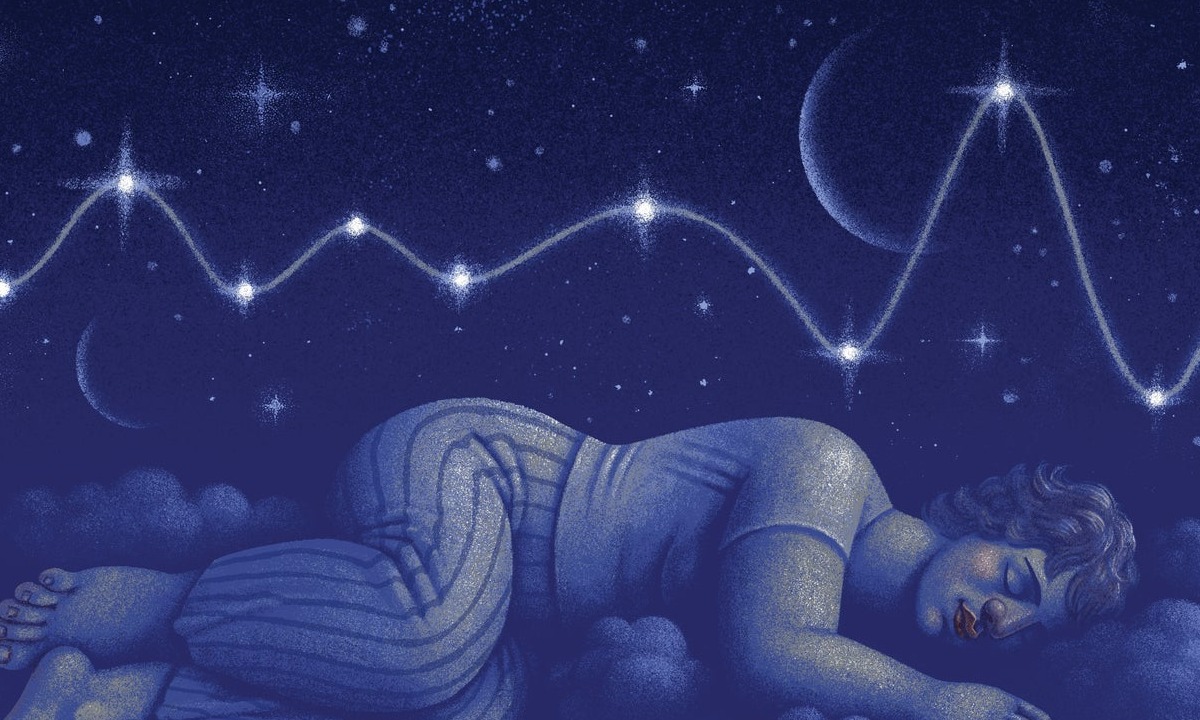 Illustration of figure sleeping on clouds in night sky