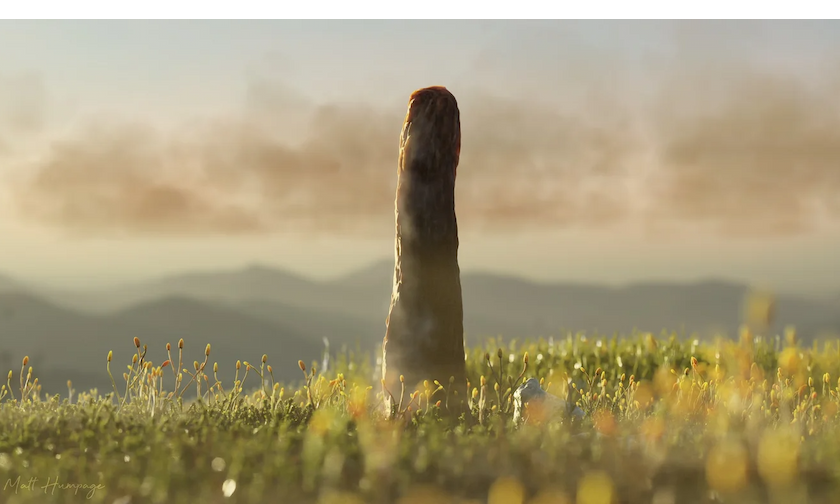 Reconstruction of Prototaxites taiti, which could reach the height of a telephone pole, growing in the 407-million-year-old Rhynie chert ecosystem