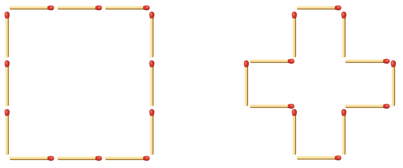 Graphic shows two sets of 12 matchsticks arranged into outlines of shapes. One set forms a square, and the other set forms a cross.