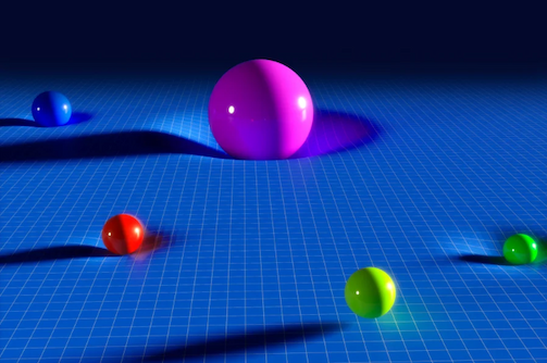 An artist's conception of multiple types of subatomic particles, showing five shiny spheres of various sizes, masses and colors laying atop a blue gridded surface
