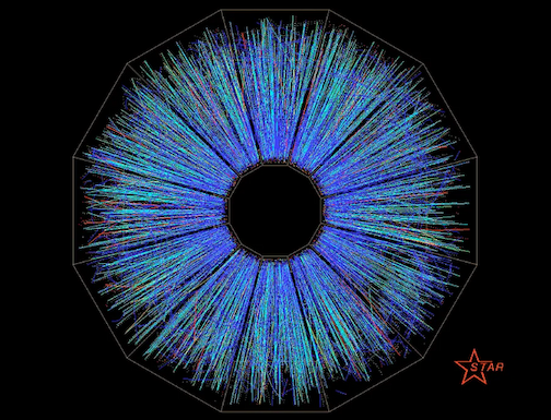 Particle tracks from a collision of two gold ions at the RHIC particle accelerator