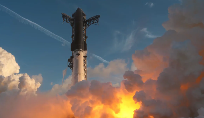 A rocket on a launchpad surrounded by the fire and smoke of launch