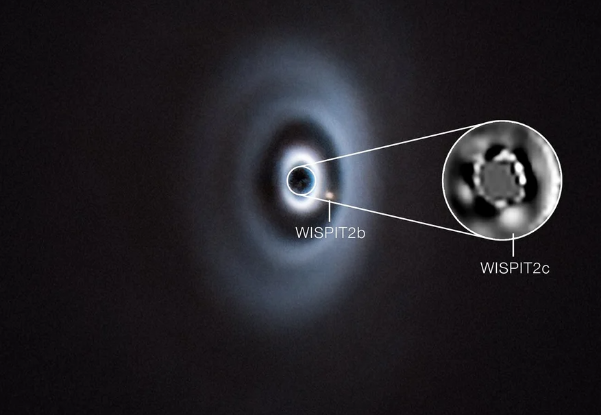 A white glowing disk surrounding an unseen star, with a zoom showing the newly discovered planet.