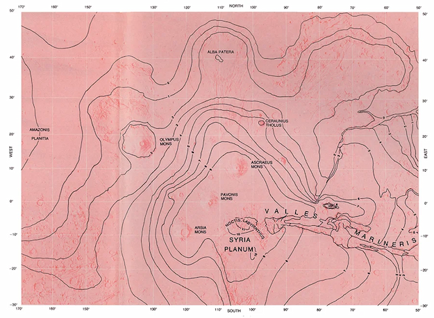 A pink topological map of Mars.