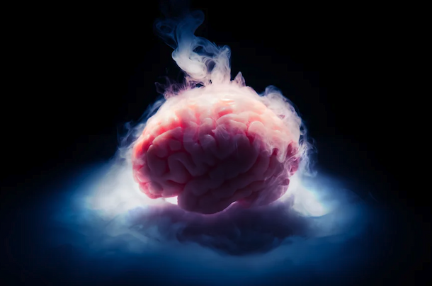 A pink human brain seems to glow in a dark mist