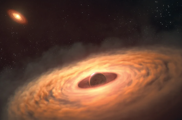 An illustration of a peachy-colored dust and gas cloud that surrounds an alien planet.