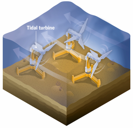 Schematic of an array of three submerged tidal turbines on the seafloor.