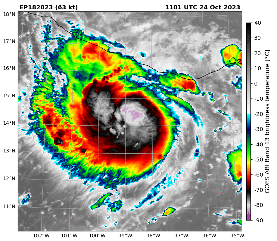 A GIF showing first the infrared view of a hurricane. A blue background slides in showing the microwave image of the same hurricane.