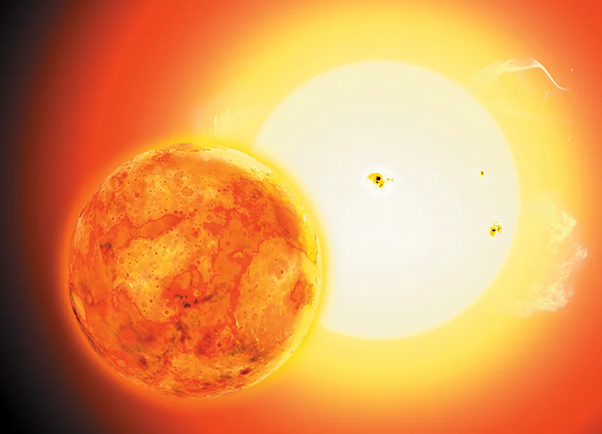 An illustration of an orange, hot-looking planet and its gleaming bright star.