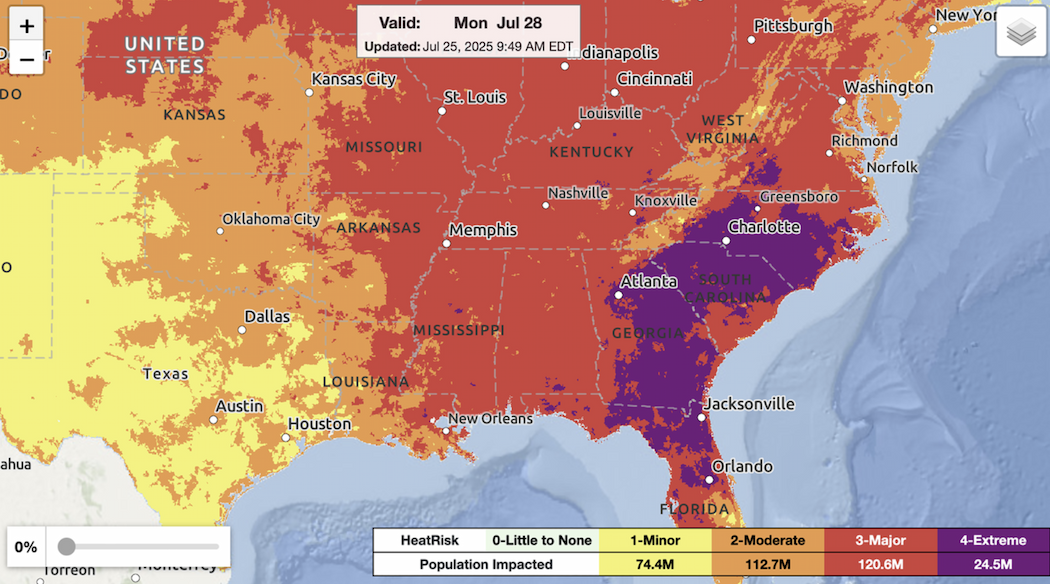 Color-coded U.S. map showing heat risk intensity zones
