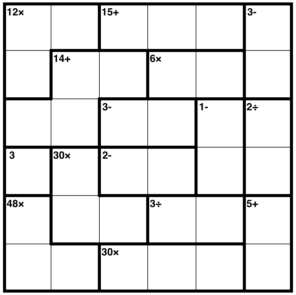 A 6 by 6 grid with subgrids of different shapes.