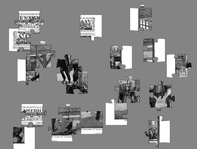 Black and white puzzle pieces arrayed on a gray background.