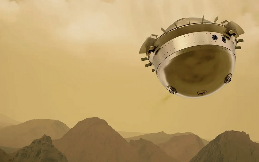 A 3D illustration of a metal probe dropping to the surface of Venus