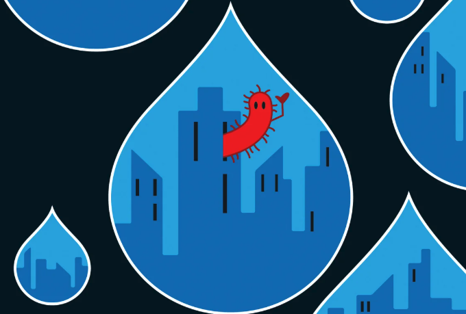 An illustration of a cartoonish red microbe waving from a small city building within a drop of water.