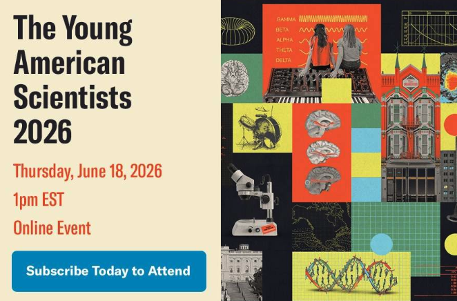 An ad that reads The Young American Scientists 2026, accompanied by illustrations of science-related things.