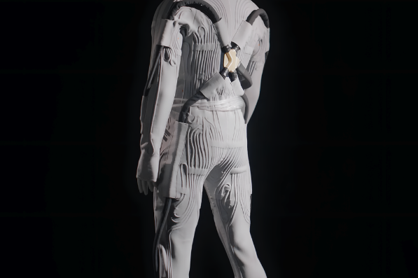 Back view of a futuristic white, textured bodysuit with harness straps against a black background.
