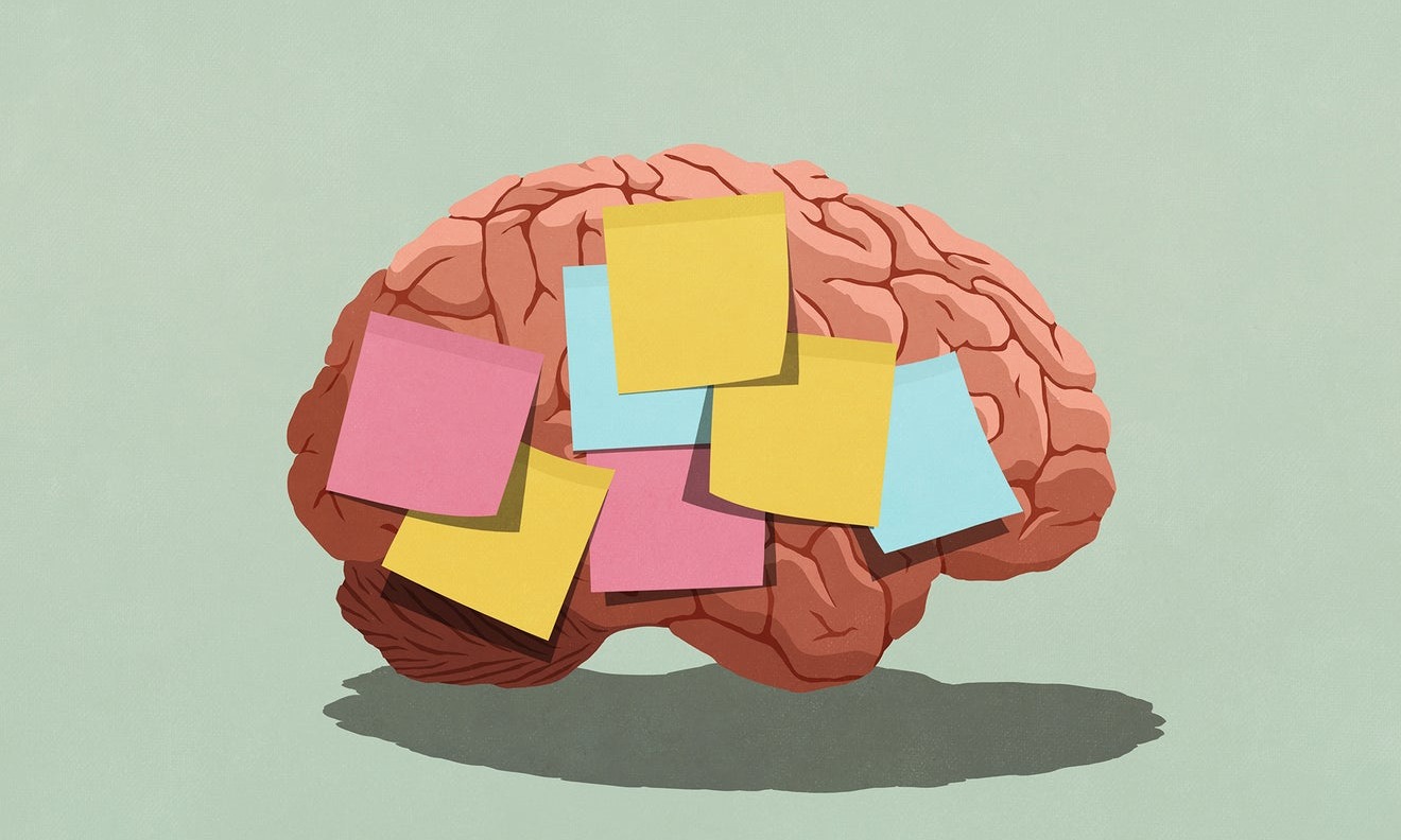 Illustration of brain with sticky notes on it