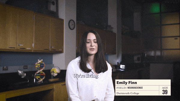 A GIF of a video interview with Emily Finn in a lab setting.