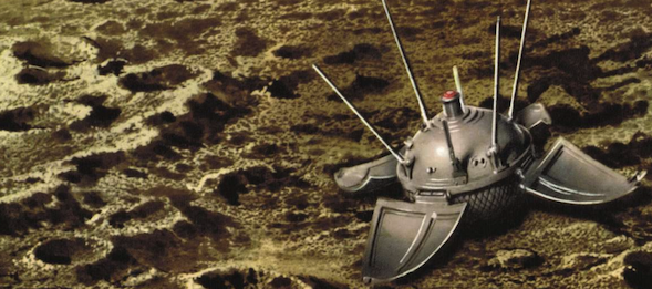 Illustration of a small metallic sphere bristling with antennas and surrounded by four petal-like panels resting in a crater-pocked lunar landscape.