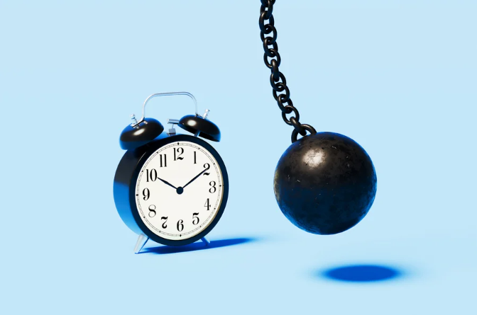 Illustration of a black wrecking ball poised to strike an alarm clock, against a blue background