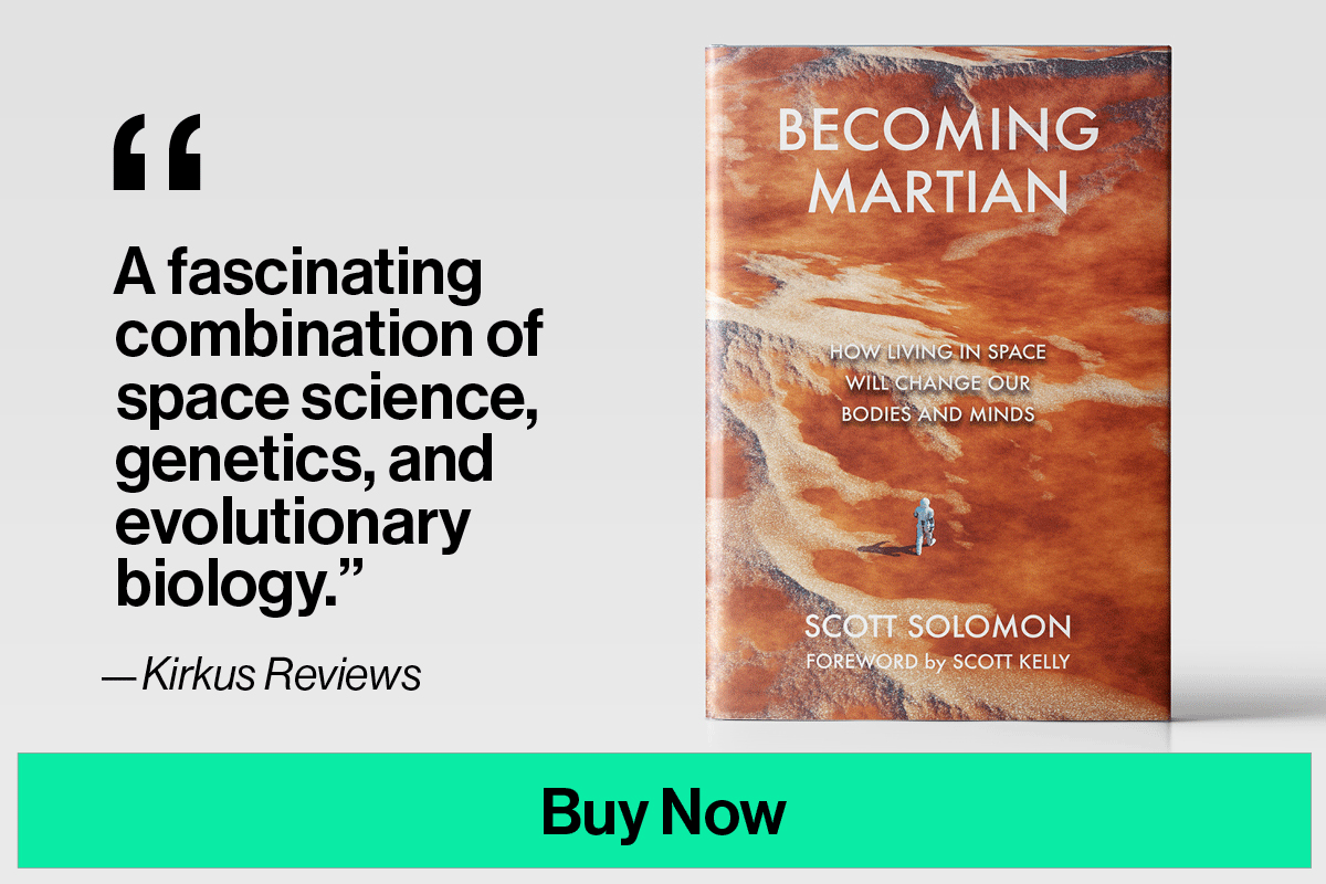 An ad showing scrolling quotes and the front cover of a book titled "Becoming Martian"