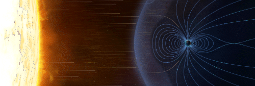 Illustration shows the Sun and Earth for two scenarios. In normal conditions, the pressure of the solar wind compresses Earth's magnetic field on the solar-facing side to six to 10 times Earth's diameter. When a large CME smashes into the magnetosphere, it compresses it much closer to Earth than usual. The CME's own magnetic field can disrupt Earth's magnetosphere, potentially setting off a geomagnetic storm.