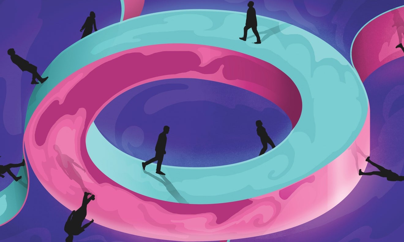 Shadowed figures walking in a loop