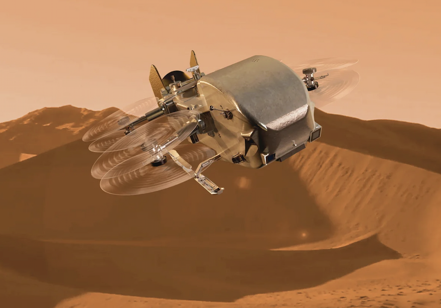 An artist's conceptual illustration of a drone-like craft with eight spinning propellers, flying over a red, sandy landscape