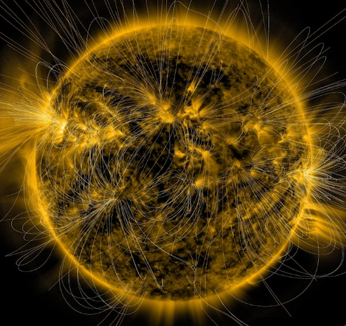 This illustration lays a depiction of the sun's magnetic fields over an image of the sun captured by NASA's Solar Dynamics Observatory.